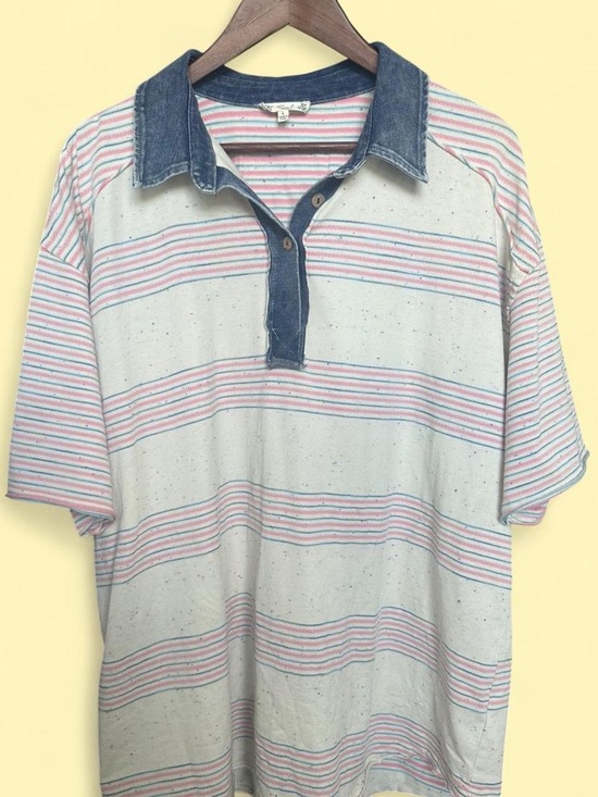 Easel Los Angeles Other - Easel Striped Confetti Slub Knit Denim Collar Oversized Polo Tee Shirt Large L